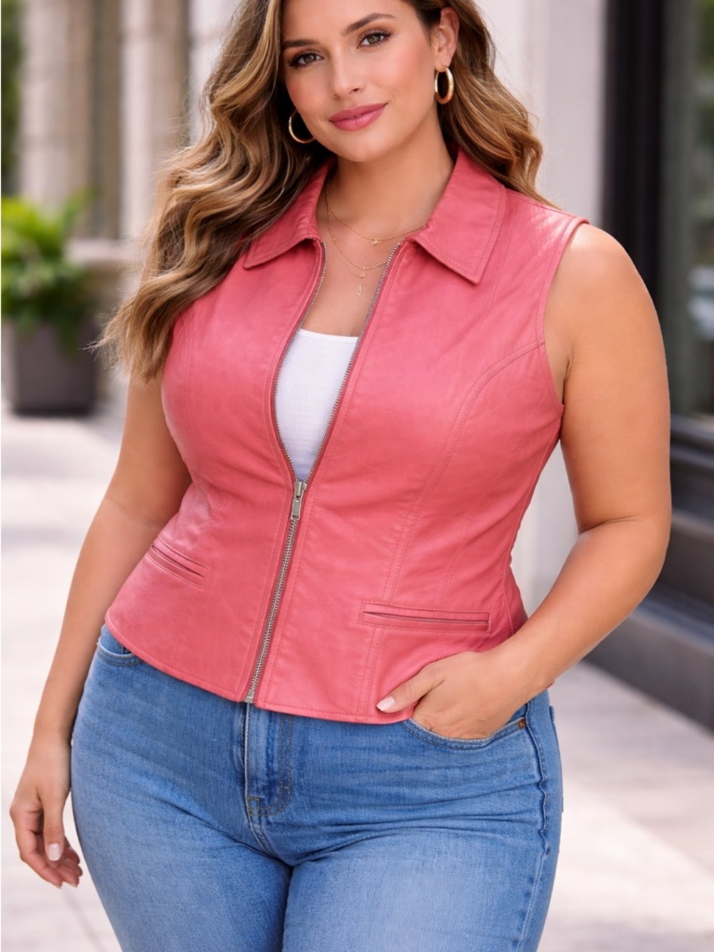 MetroStyle Genuine Leather Zip Vest‎ Women's 18 Rose Coral Sleeveless Y2K